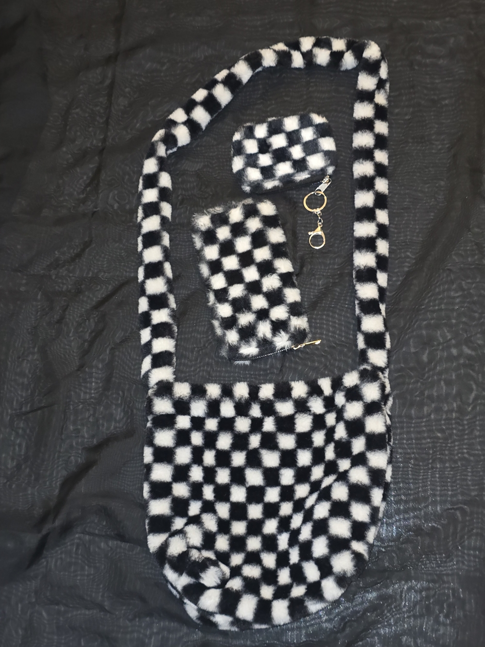 Faux Fur Checkerboard Crossbody Bag With Matching Wallet & Coin Purse